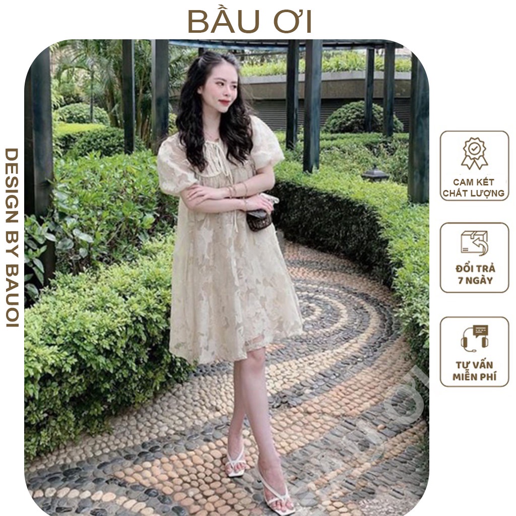 [BÂUOII V119] ĐẦM BẦU GẤM HOA NỔI PHỐI REN 2 LỚP CỔ THẮT NƠ TAY BỒNG MẶC ĐI LÀM ĐI DỰ TIỆC - VÁY BẦU CÔNG SỞ DÁNG BABYDO