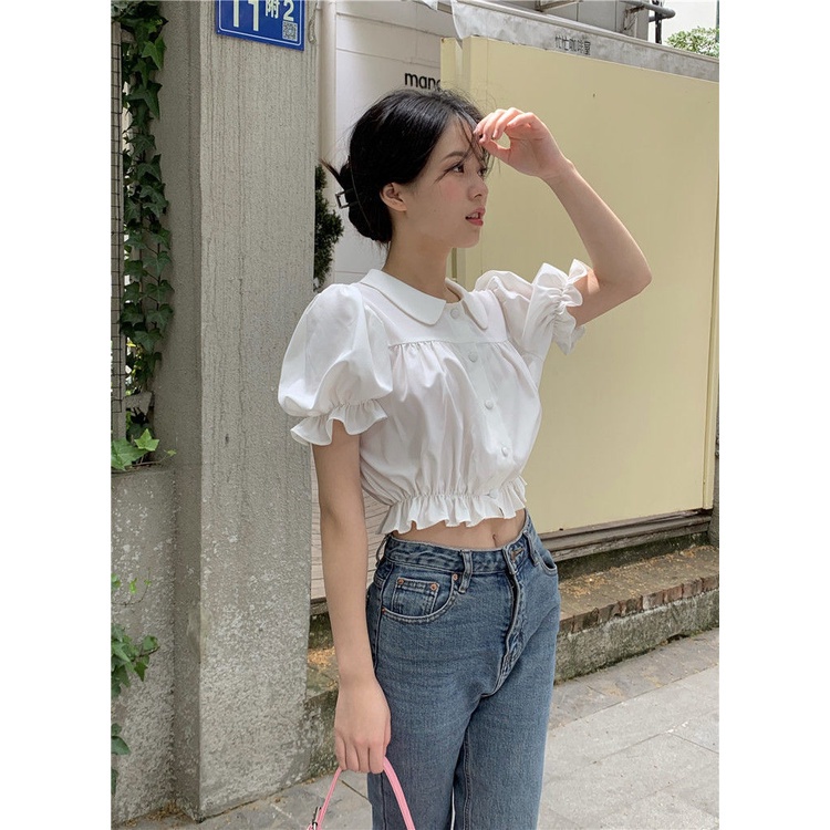 Áo Kiểu Tay Phồng Cổ Búp Bê Phối Ren Phong Cách Hàn Quốc Dễ Thương