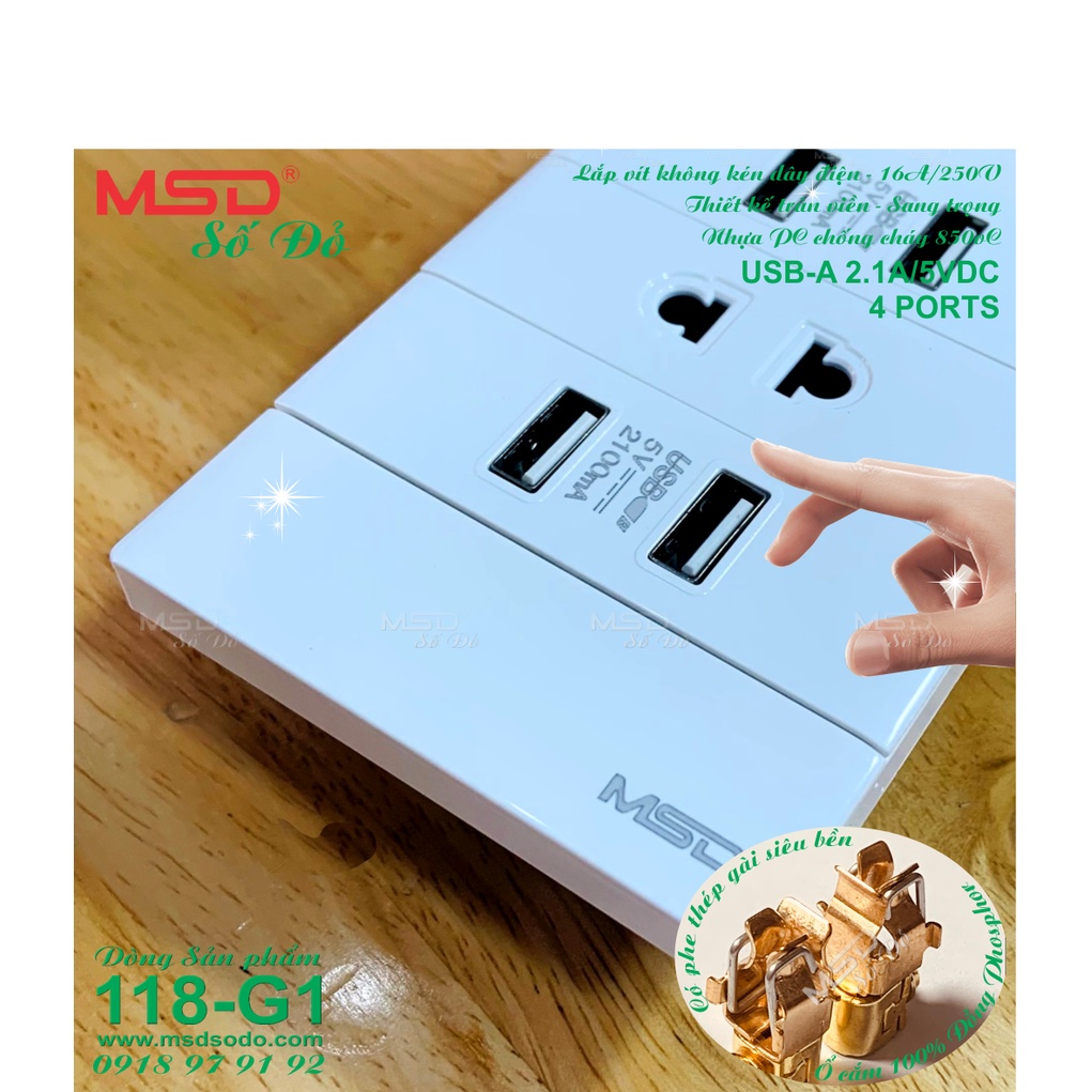 SẠC ĐIỆN THOẠI ÂM TƯỜNG 4 USB  2.1A/5VDC + 1 Ổ CẮM 2 CHẤU 16A/220V - SERAIL 118G1