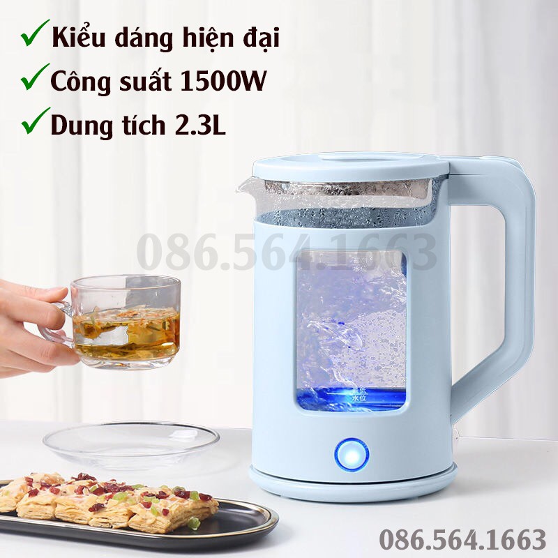 Ấm Siêu Tốc Thủy Tinh Công Suất Lớn 1500W Dung Tích 1,8 -2,3 Lít - Ấm Đun Nước Thủy Tinh Có Chức Năng Giữ Nhiệt