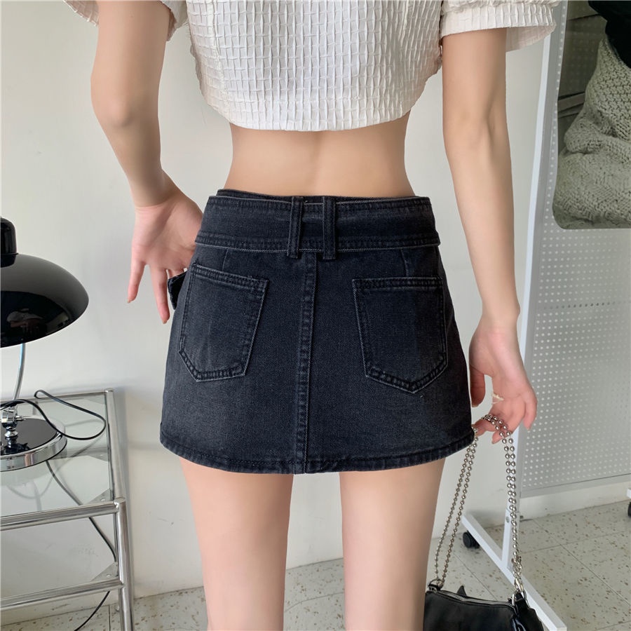 Chân váy denim kiểu chữ A mini cạp cao che hông thời trang mùa hè 2023 cổ điển cho nữ