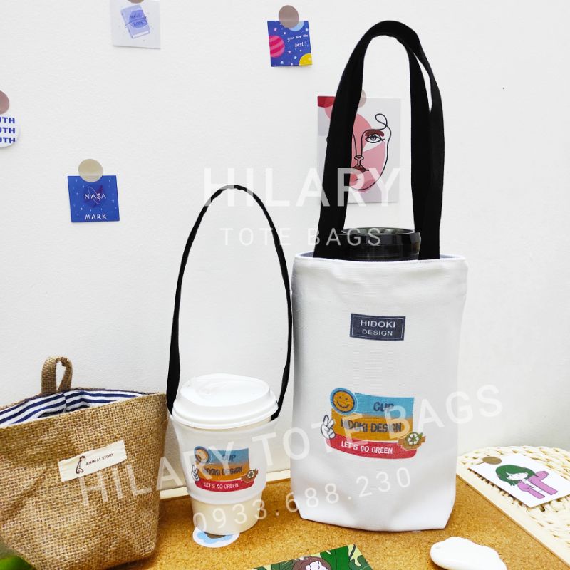 Túi Xách Vải Hidoki Design Đựng Ly Giữ Nhiệt 1 Lít, Ly Trà Sữa Dưới 500ml