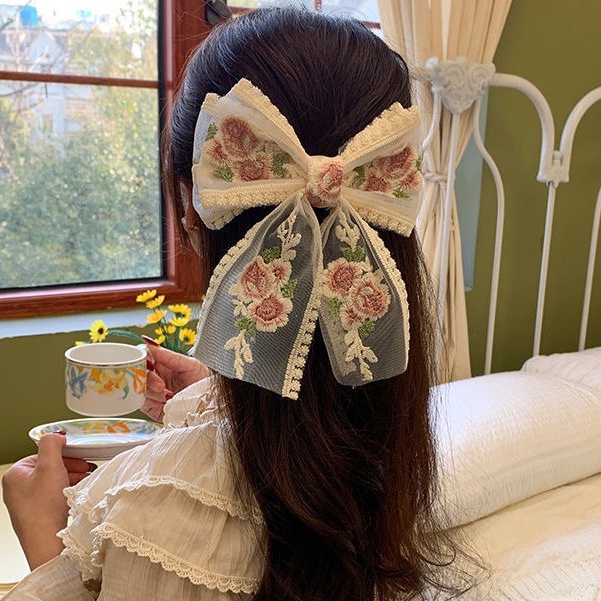 (CAO CẤP) Kẹp Tóc Hình Nơ Voan Thêu Hoa Hồng Phong Cách Hàn Quốc Cặp Tóc Cho Nàng Nhẹ Nhàng Xinh Xắn - #keptoc