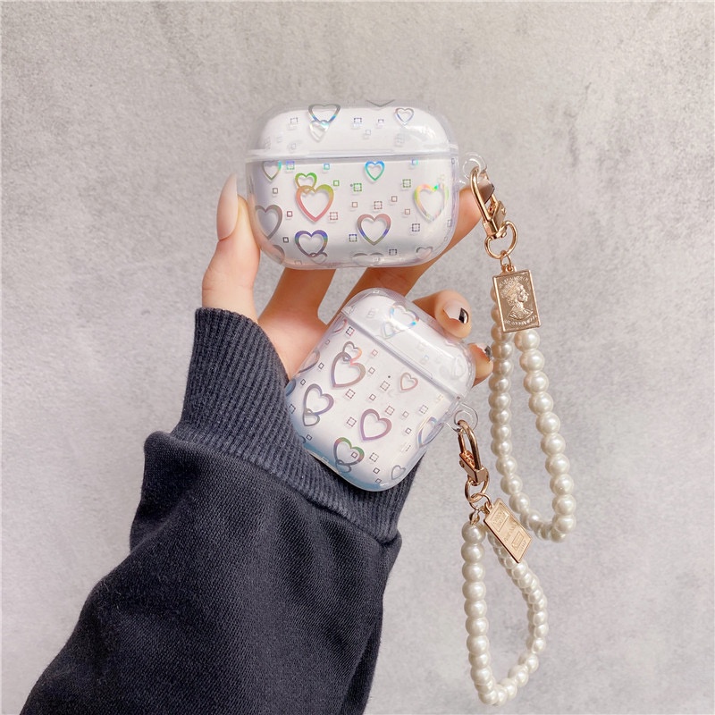 Vỏ case tim đổi màu mix móc ngọc, móc gấu sang chảnh - Ốp bảo vệ, bao đựng tai nghe airpods 1 2 3 PRO