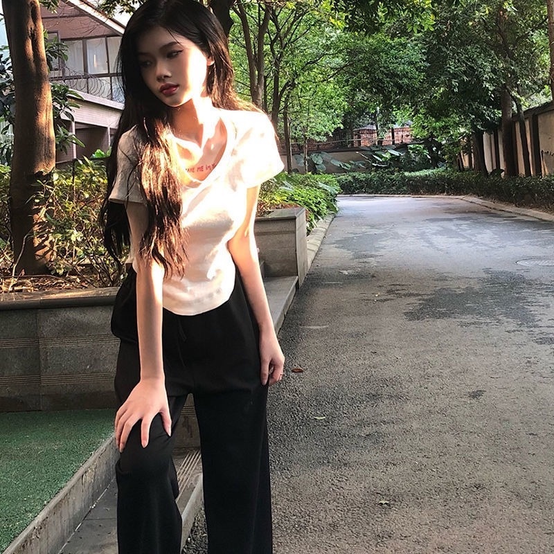 Set Áo Thun Ngắn Tay Và Quần Dài Ống Rộng Thời Trang Mùa Hè Mới Cho Nữ