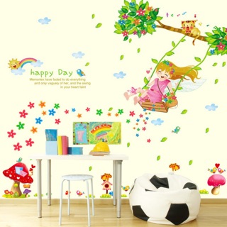 Decal tranh dán tường bé ngồi xích đu