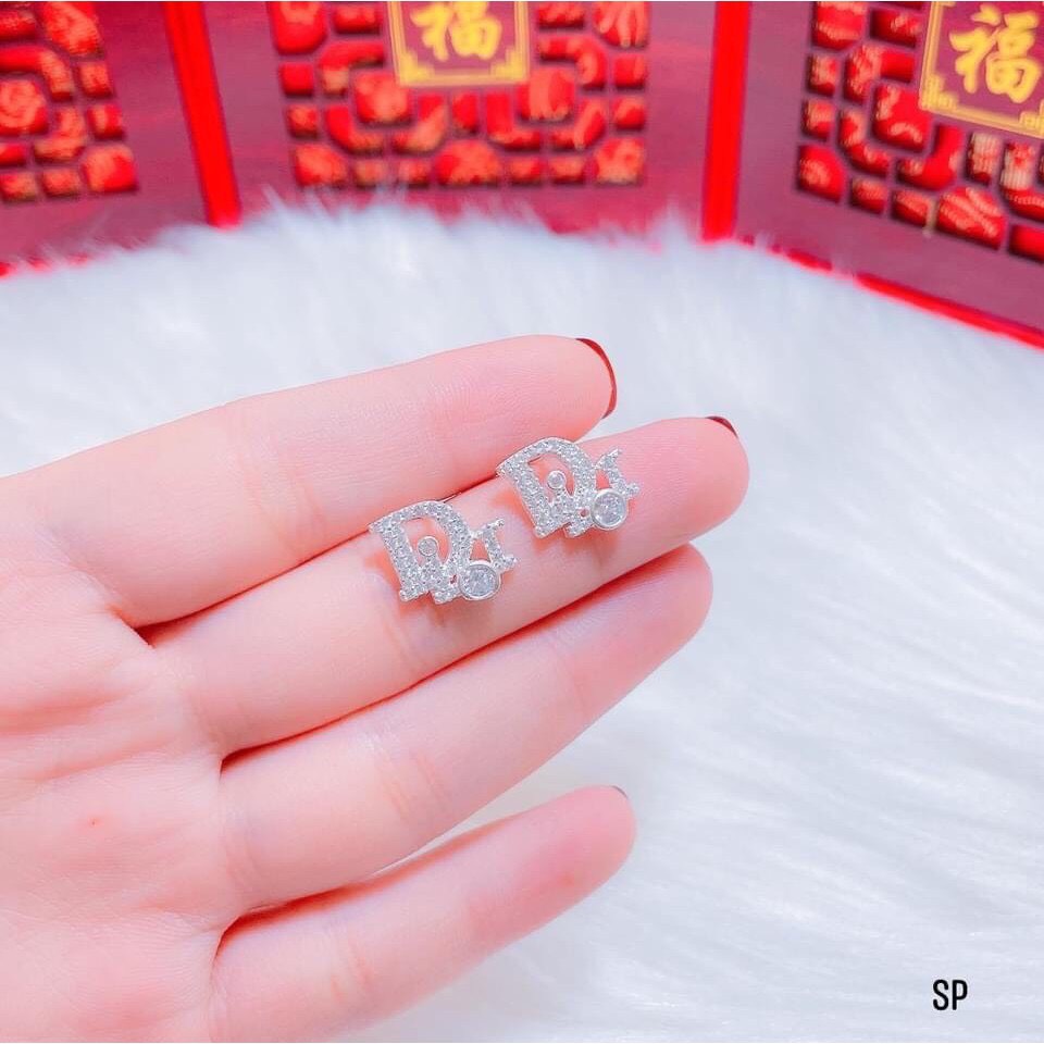 Bông tai nữ bạc thật, bông tai chữ Di-or đính đá sang chảnh - Kho sỉ bạc Nhất Linh