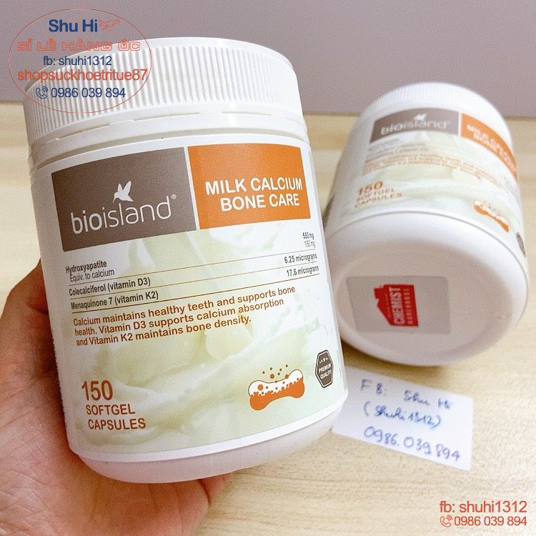 Canxi hữu cơ kèm d3 k2 giúp tăng khả năng hấp thu, milk calcium bone care bio island 150 viên úc, người lớn từ 12 tuổi