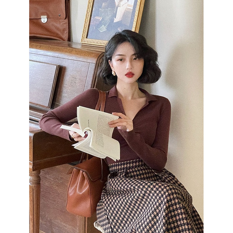 Áo thun COZOK dệt kim tay dài cổ chữ V xếp ly phong cách vintage