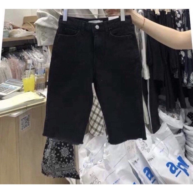 [Bigsize 32-36] Quần Jean Ngố Đen Trơn Tua Lai Lưng Siêu Cao - Co Giãn Mạnh