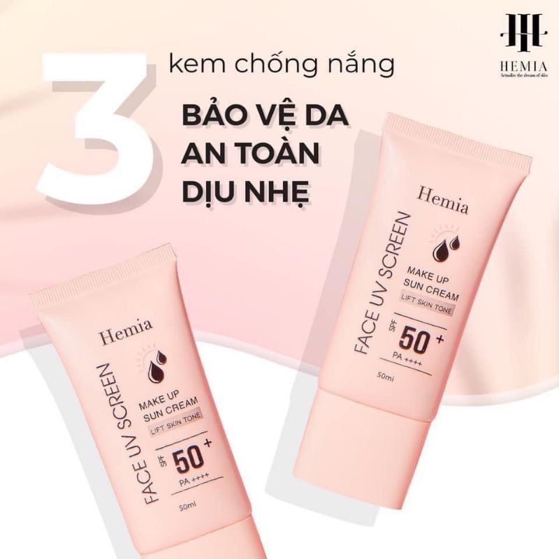 Kem chống nắng HEMIA dưỡng trắng nâng tông SPF50+, chiết xuất 100% tự nhiên hàng chính hãng