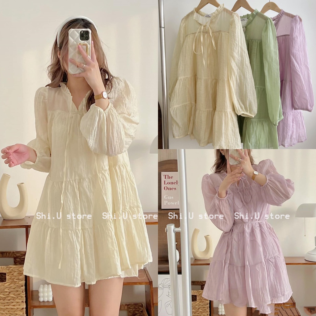 Váy babydoll dài tay chất tơ xòe tầng 2 lớp kèm đai buộc eo 3 màu ulzzang xinh xắn