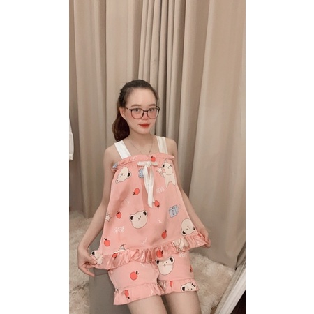 [ Ảnh Thật ] Bộ Ngủ Hai Dây Lụa Satin Hình Cute