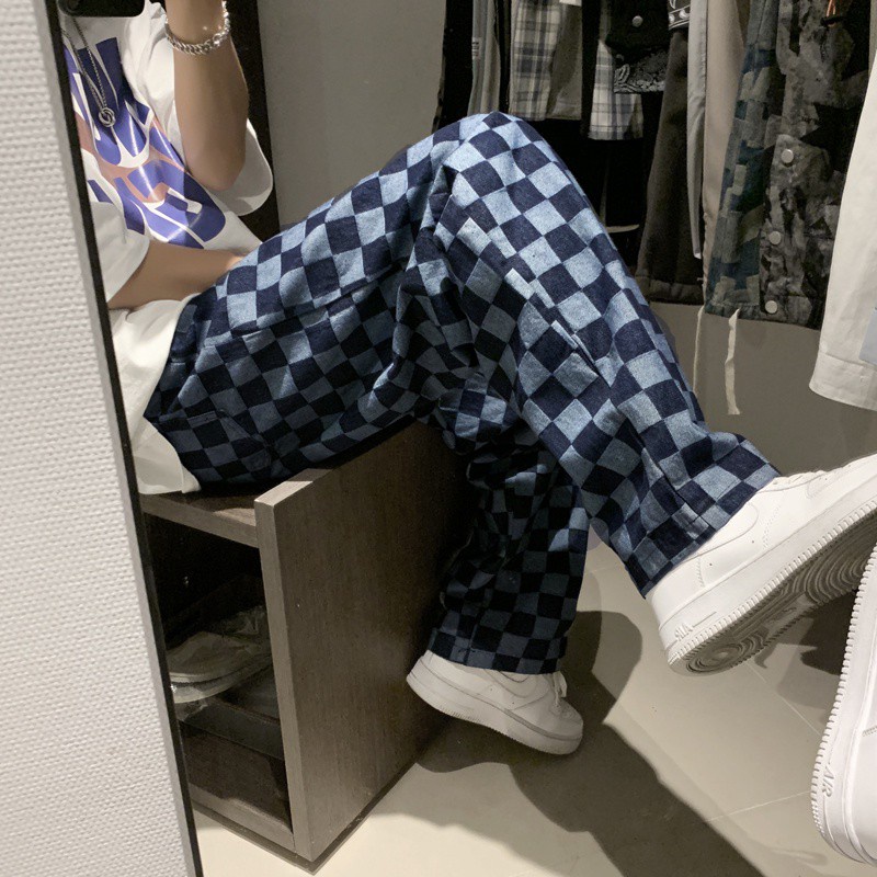 Quần dài ống suông rộng họa tiết kẻ sọc ca rô phong cách hip hop đường phố thời trang cho nam