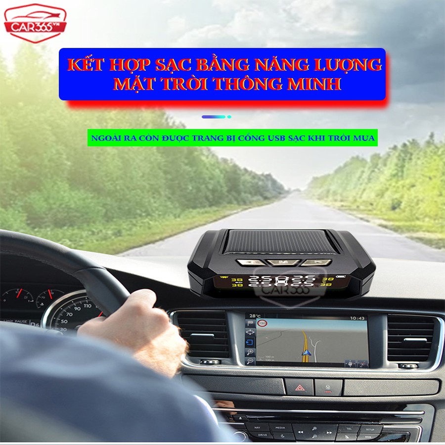 Cảm biến áp suất lốp cao cấp chính hãng CAR365 - Màn hình LCD hiển thị thông số - Pin năng lương mặt trời - CAR37