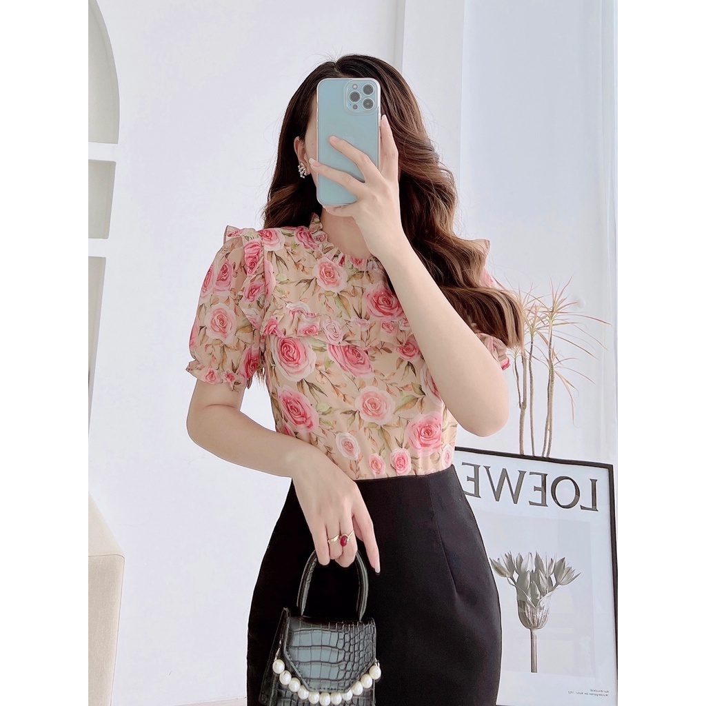 Áo sơ mi nữ ngắn tay cổ bèo họa tiết hoa hồng ZYM'S HOUSE K1224, K1225, K1226
