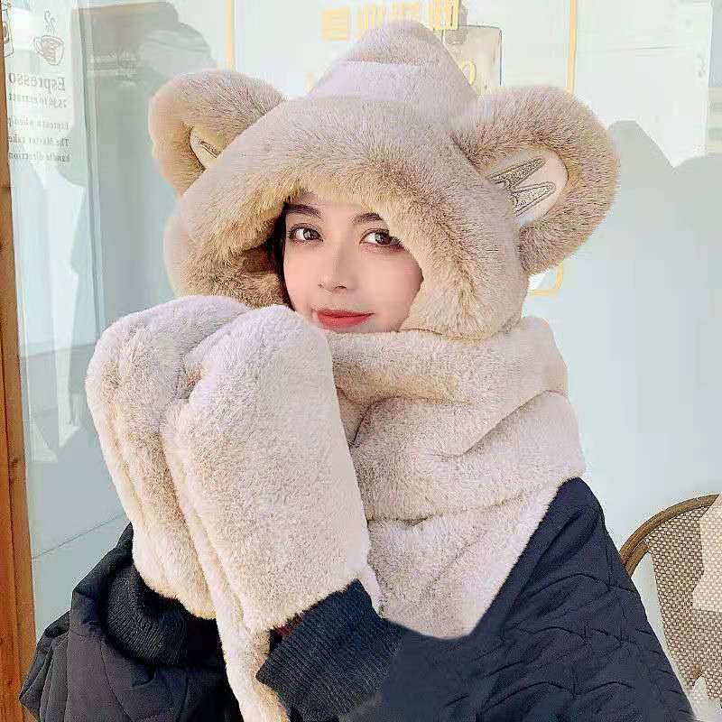 Mũ trùm đầu có tai gấu kiêm khăn choàng cổ và găng tay giữ ấm kiểu dáng dễ thương thời trang mùa đông thoải mái cho nữ