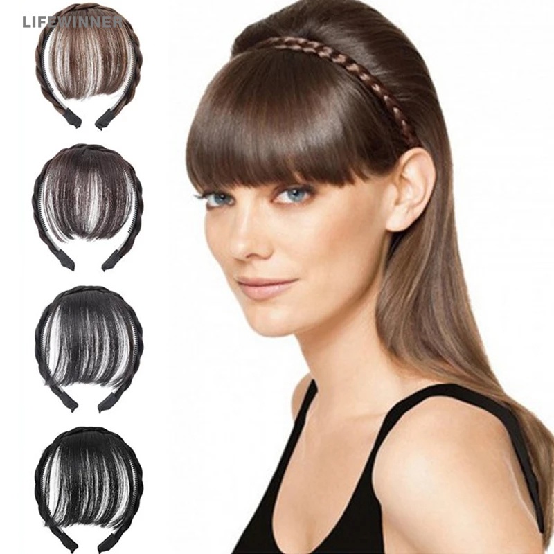 Tóc Giả Ngắn / Cài Tóc Mái Bằng Sợi Tổng Hợp Màu Đen / Nâu Nhạt Dành Cho Nữ