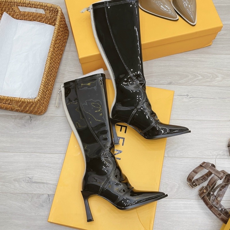 boot nữ bốt cổ cao gót nhọn mũi fendi da bóng thời trang boots gối lửng (fullbox loại 1)