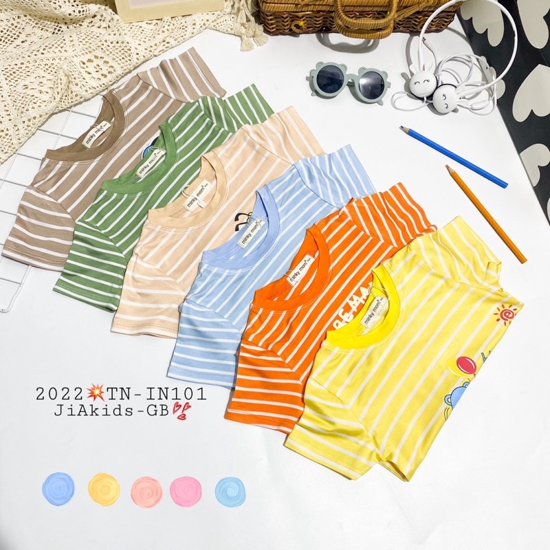 NT057 Bộ cộc tay, ngắn tay thun lạnh Minky Mom sọc dệt vải trơn in hoạ tiết cho bé