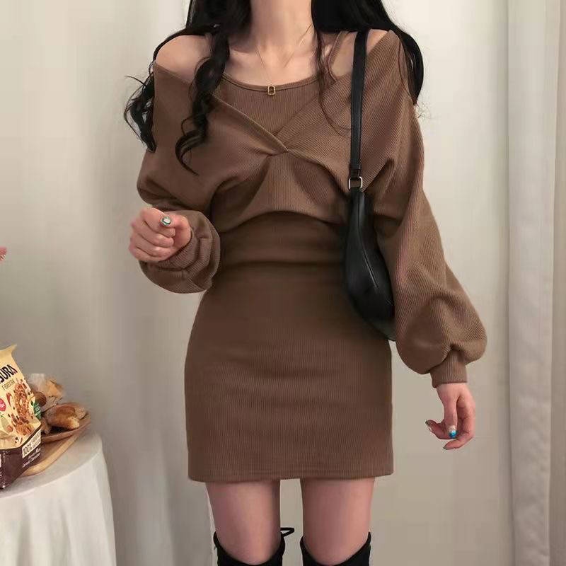 Set Áo Thun Tay Dài + Đầm Yếm Ngắn Phong Cách Pháp Thời Trang Thu Đông Mới 2021