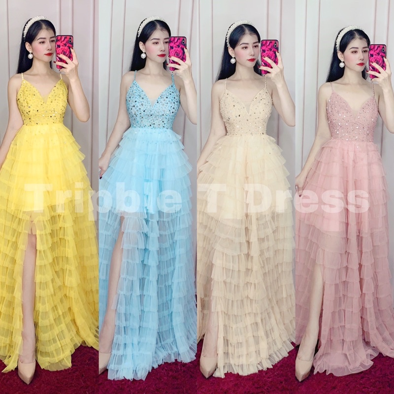 Đầm maxi 2 dây xếp xếp tâng kết kim sa sang trọng xẻ đùi TRIPBLE T DRESS - SIZE M/L - MS268V