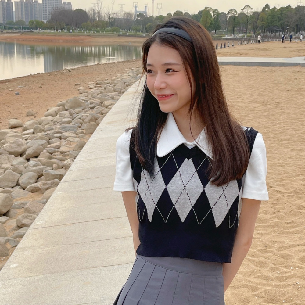 Áo len không tay cổ chữ v họa tiết kim cương thời trang cho nữ