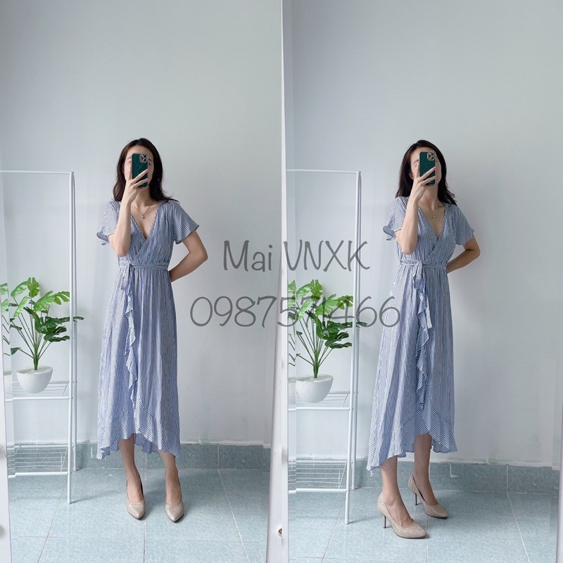 Đầm maxi sọc cổ v viền bèo