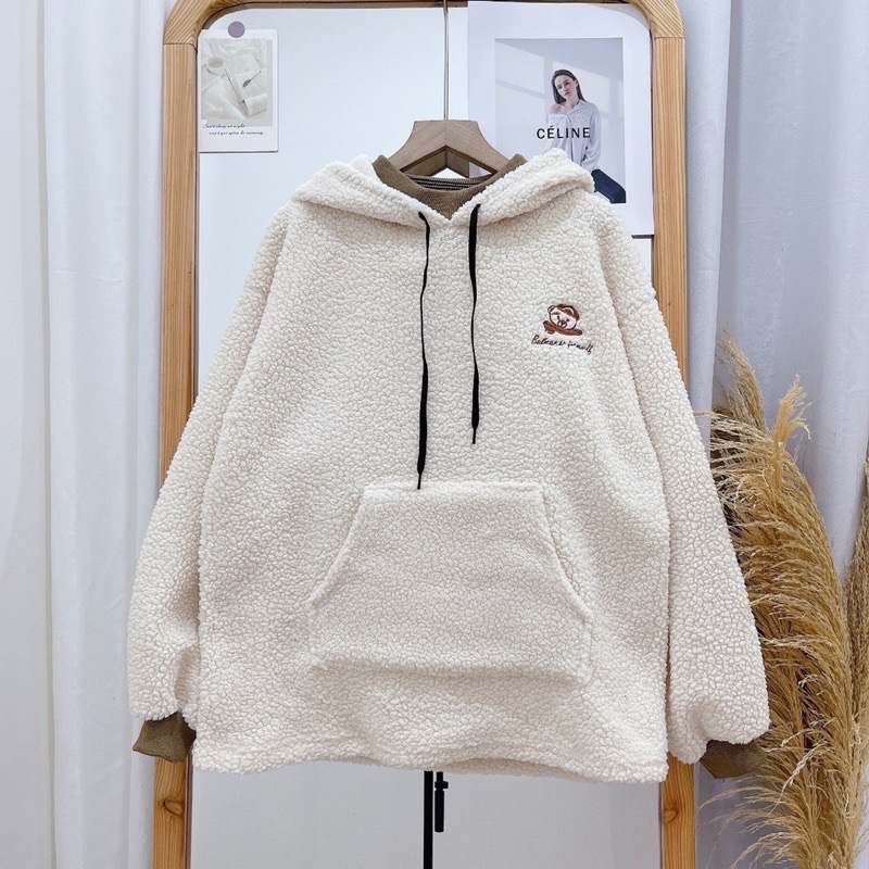 Áo Hoodie Lông Thêu Gấu Cực Cute Form Rộng, Áo Hoodie Nữ Chất Liệu Lông