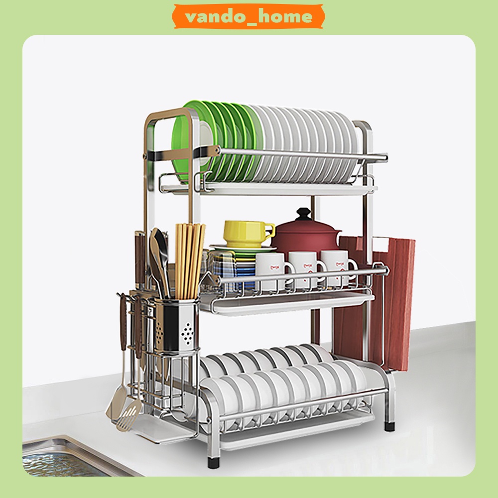 Kệ Chén Đĩa INOX 304 Cao Cấp Vando Kèm Khay Ráo Nước Giá Để Bát Tiện Lợi