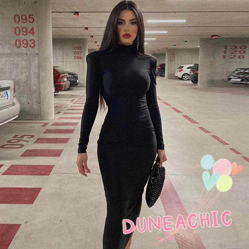 DUNEA Đầm tay dài cổ cao có đệm vai gợi cảm cho nữ