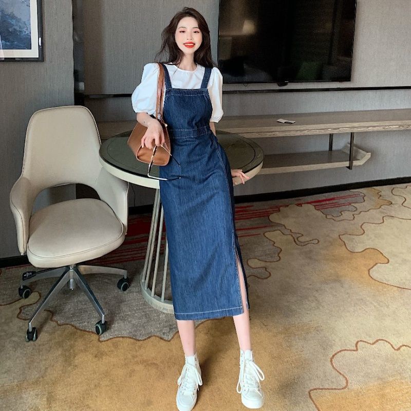 Đầm Denim Hai Dây Xẻ Tà Dáng Ôm Cỡ Lớn 2022 Thời Trang Mùa Hè Mới Cho Nữ