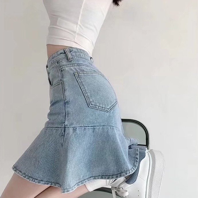 Chân váy SUXI jean chữ A lưng cao màu sắc đơn giản quyến rũ cho nữ