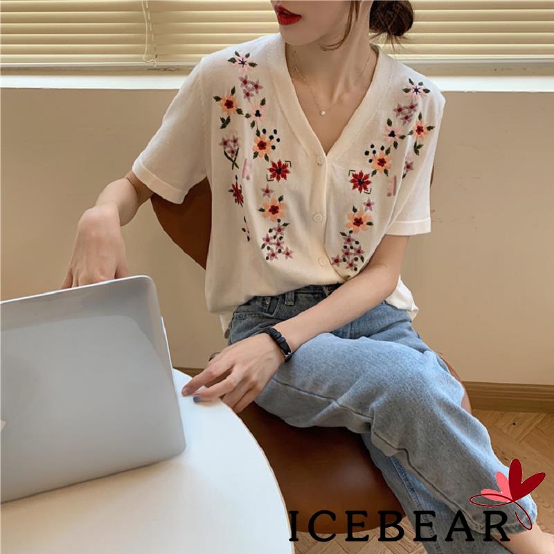 Áo Nữ Ngắn Tay Cổ Chữ V Thêu Hoa Thời Trang