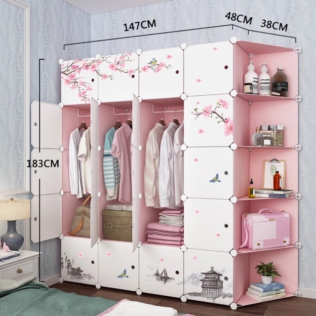 TẶNG 1 MÓC CÀI 20K_Tủ nhựa ghép 20 ô kèm 5 góc hồng phấn cửa hồng hoa đào sâu 47cm. Tặng kèm 3 treo đồ