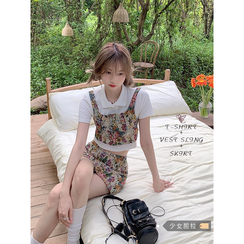 ✨Set Áo Thun Ngắn Tay Và Đầm Yếm In Hoa Thời Trang Dành Cho Nữ
