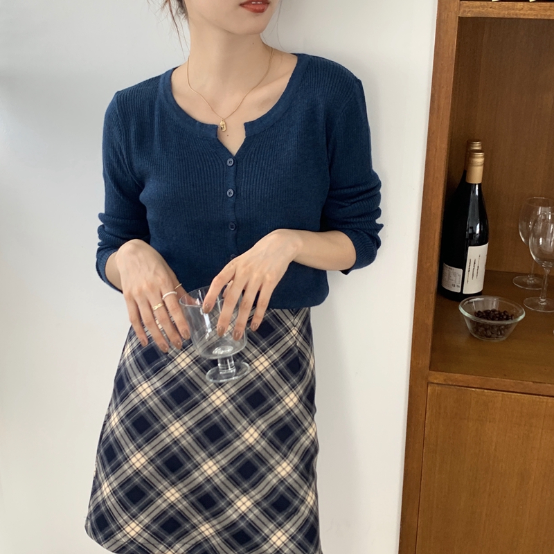 Áo cardigan 37703 dệt kim cổ V dài tay màu trơn phong cách đơn giản