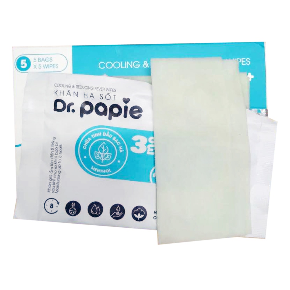Khăn lau hạ sốt Dr Papie - Thành phần tự nhiên - giúp giảm nhiệt nhanh, an toàn cho trẻ sơ sinh - Hộp 25 tờ
