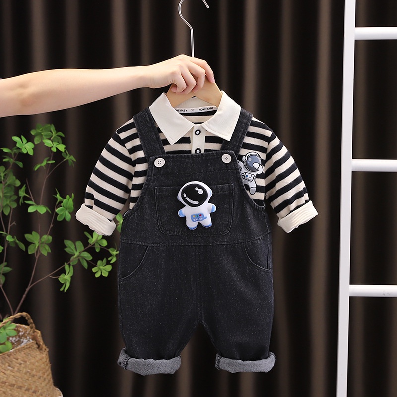 Bộ Đồ Denim 2 Món Áo Thun Tay Dài In Hoạt Hình Phi Hành Gia Phối Quần Yếm Thời Trang Cho Bé Trai