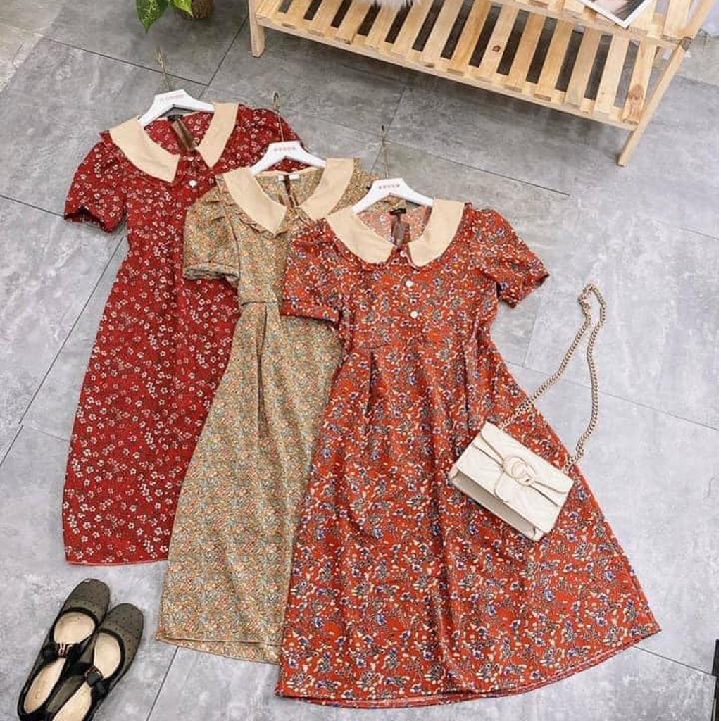 Váy babydoll hoa nhí phối cổ cộc tay, đầm dự tiệc hoa dáng xoè chiết eo đẹp, Váy hoa Vintage cổ sen Quý Tộc -ckv124