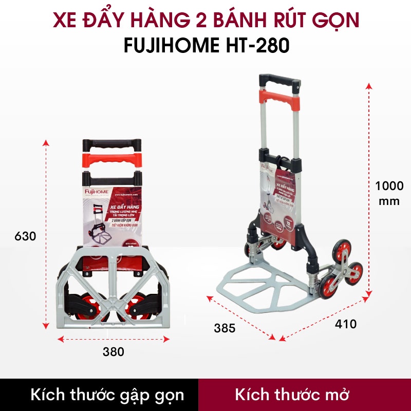 Xe đẩy hàng gấp gọn 2 bánh chở hàng 80kg Nhật Bản FUJIHOME HT-280, xe kéo hàng  gấp gọn nhẹ siêu thị đa năng giá rẻ mini