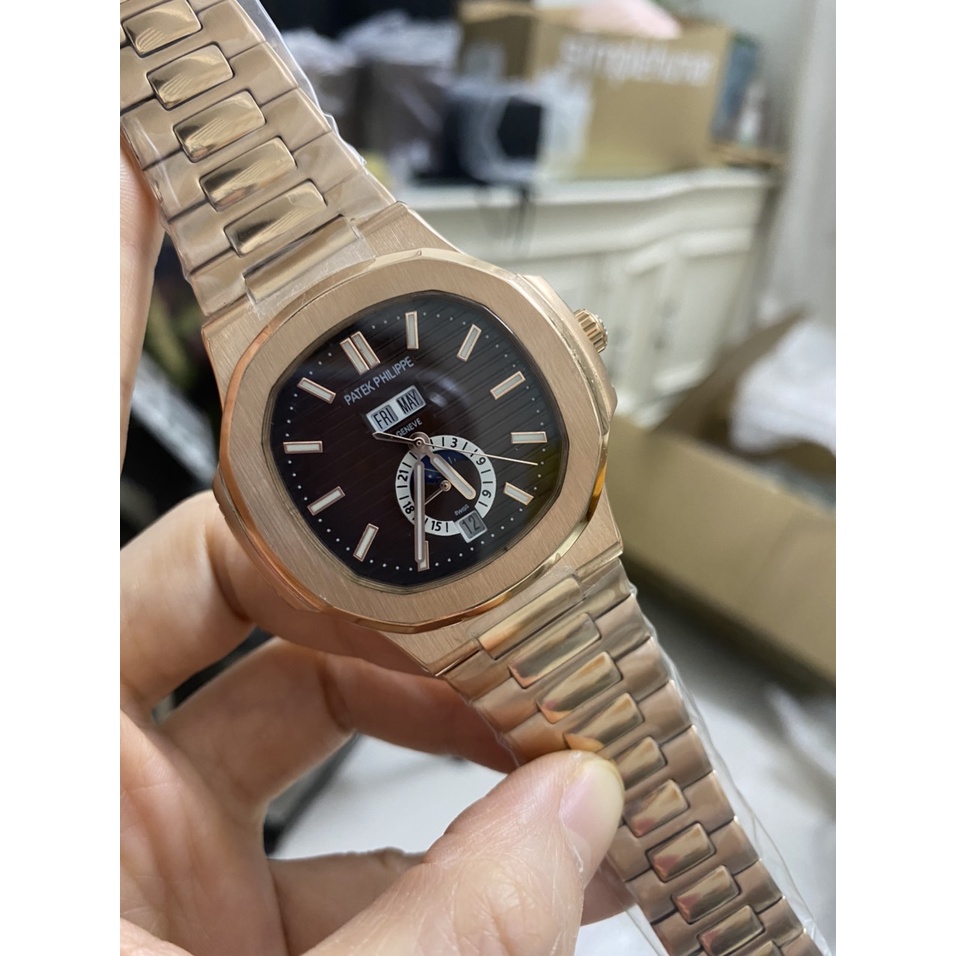 Đồng hồ Nam Pt vuông trăng sao dây kim loại size 40-41mm có lịch date month, kim phản quang vỏ vàng nhiều màu