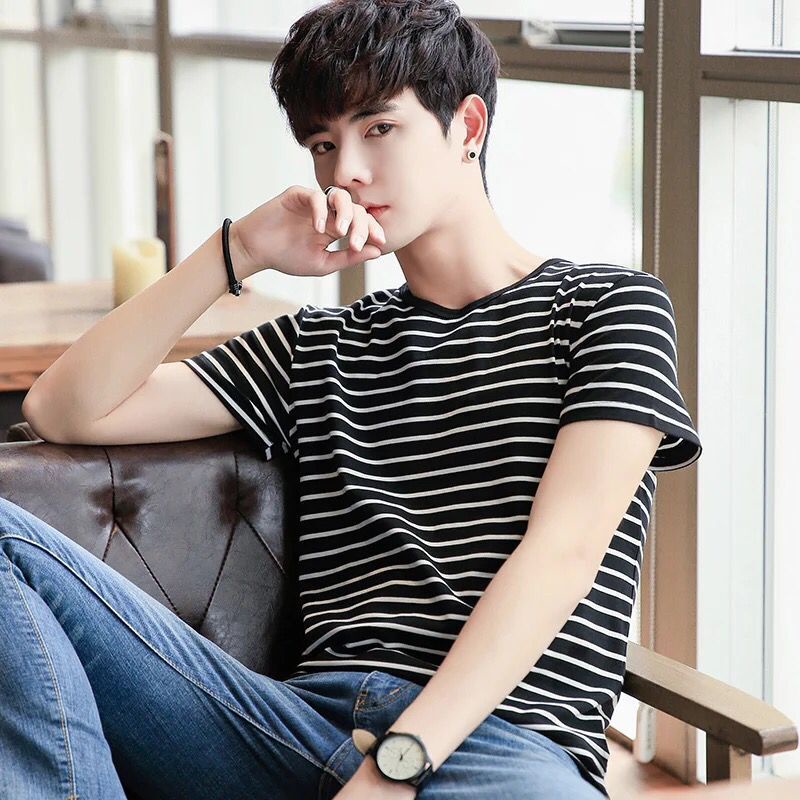 Áo Thun Tay Ngắn Dáng Ôm Họa Tiết Kẻ Sọc Thời Trang Mùa Hè Trẻ Trung Cho Nam