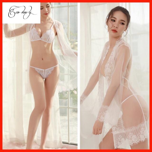 Set váy ngủ sexy 3 món có áo choàng+ áo lọt khe+ quần lọt khe | BigBuy360 - bigbuy360.vn