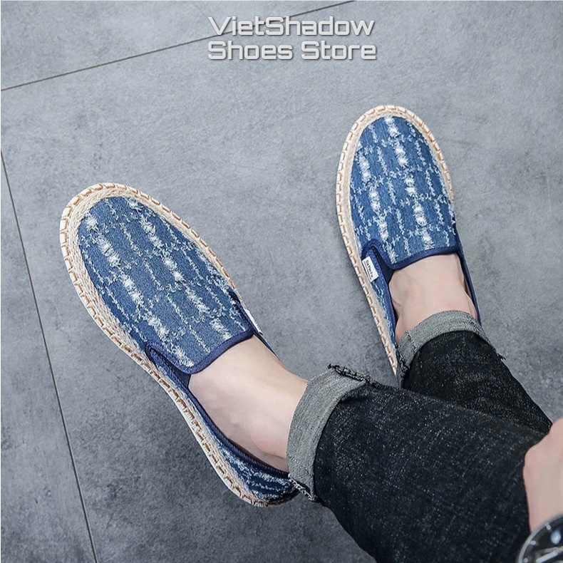 Slip on nam - Giày lười vải bò mài 2 màu đen và xanh denim - Mã 895