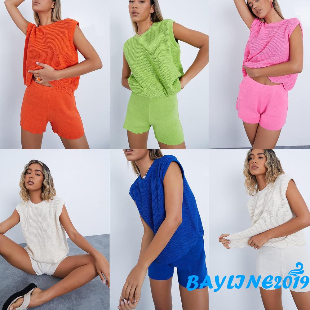 Set Đồ 2 Món Gồm Áo Dệt Kim Cổ Tròn Dáng Rộng Màu Sắc Trơn + Quần Short (Hồng, Cam, Xanh Lá, Trắng)