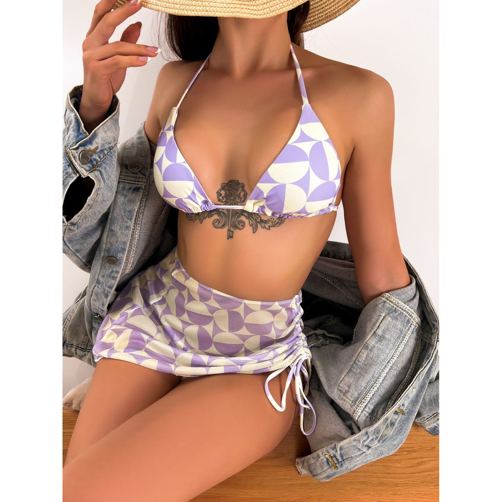 [BKN1284] &lt;ÂU&gt; SET BIKINI 3 MÓN TÍM KÈM CHÂN VÁY