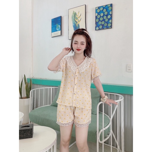 BỘ PIJAMA HOẠ TIẾT TIM VIỀN REN HÀNG THIẾT KẾ CAO CẤP BỘ ĐÙI NỮ MẶC NHÀ