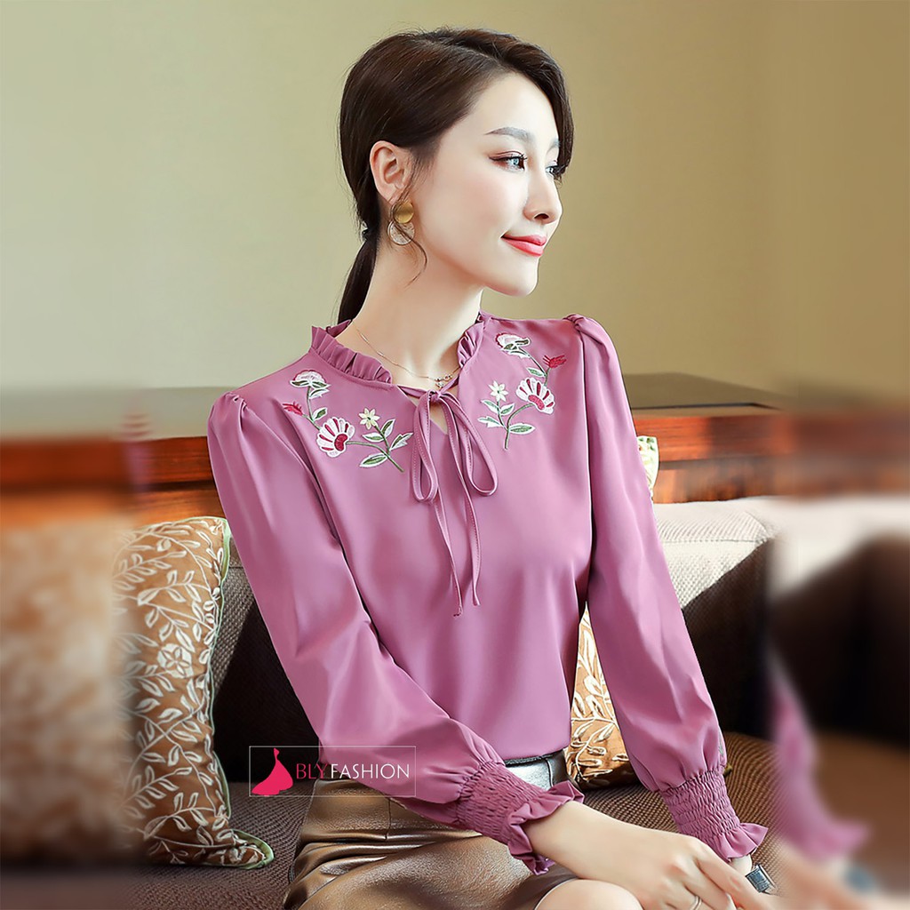 Áo sơ mi cổ tim thắt nơ tay dài chất liệu lụa Hàn Quốc cao cấp BlyFashion SM251 thời trang công sở Thanh lịch Sang trọng