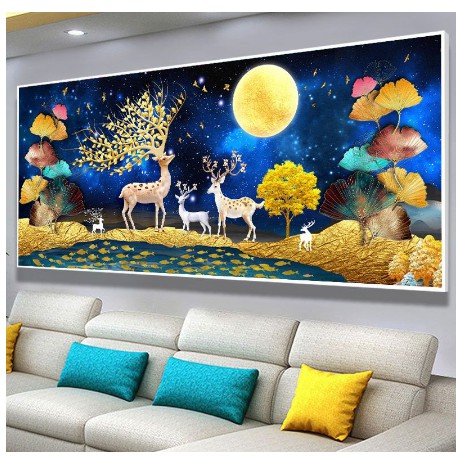 Tranh thêu chữ thập hươu tài lộc thêu kín kt 100x50 cm/ 150x 70 cm